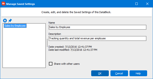 The Manage Saved Settings dialog where you can delete saved settings.